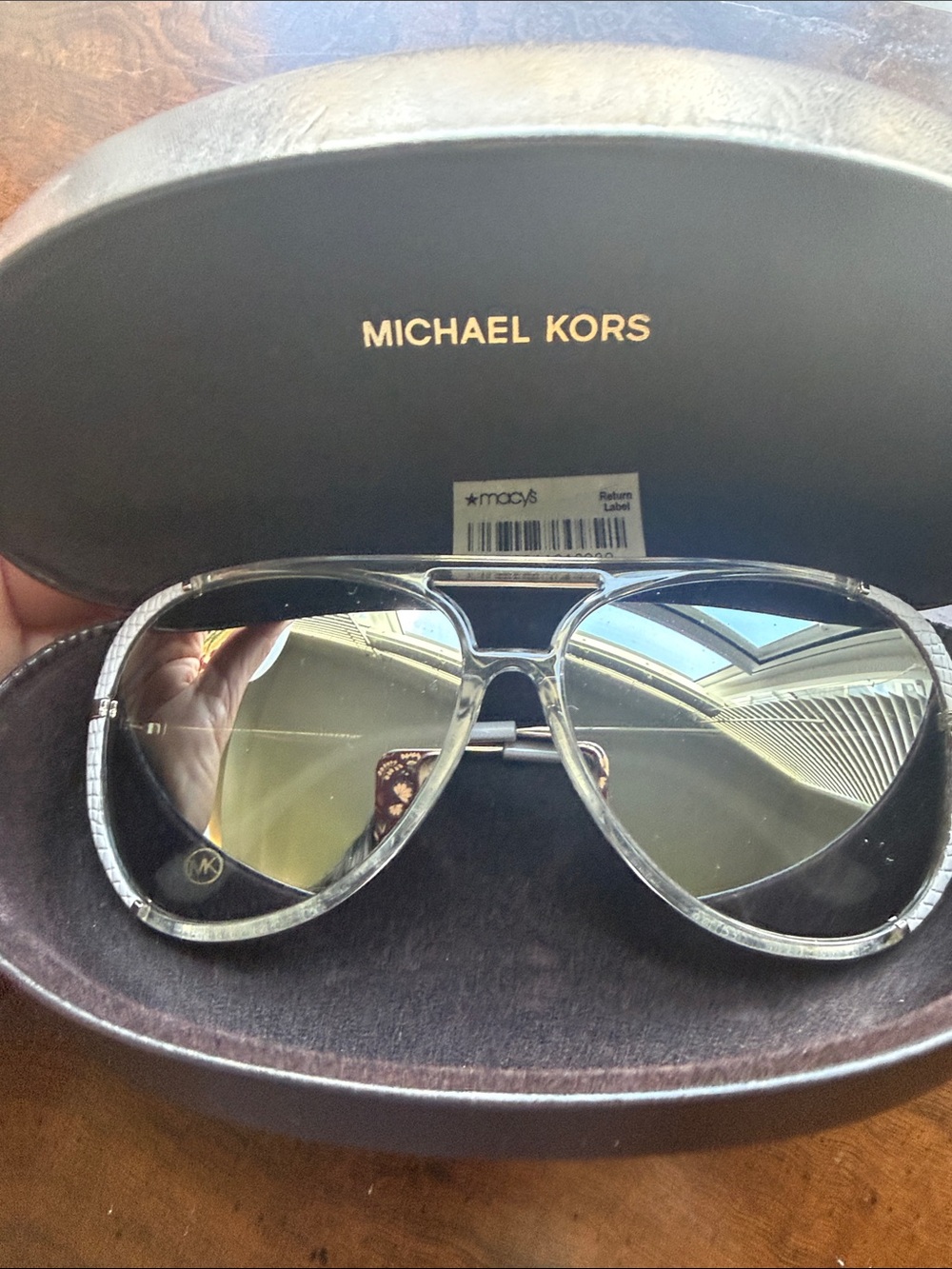 Michael Kors Clear-Frame Aviator Sunglasses with Green Lenses